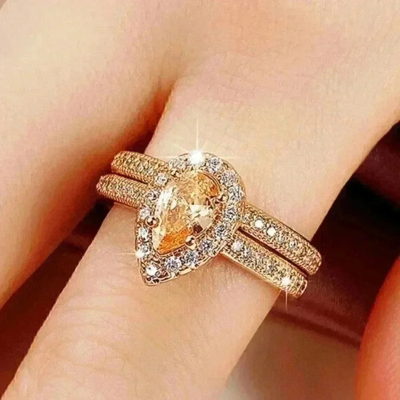 New 18k Gold Over Silver Champagne CZ 2Pc Set - Picture 2 of 7